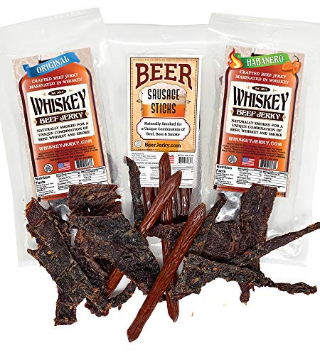 WhiskeyJerky.com, Beef Jerky and Sausage Sticks Marinated in Whiskey, Variety 3-Packs , Jerky Gifts for men (Orig & Habanero Whiskey Jerky / Beer Sausage) - The Beer Connoisseur® Store
