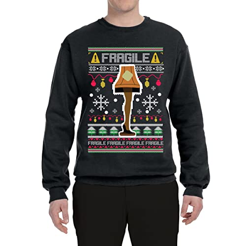 Wild Bobby Fragile Leg Lamp Christmas Story Funny Xmas Ugly Christmas Sweater Unisex Crewneck Graphic Sweatshirt, Black, X-Large - The Beer Connoisseur® Store