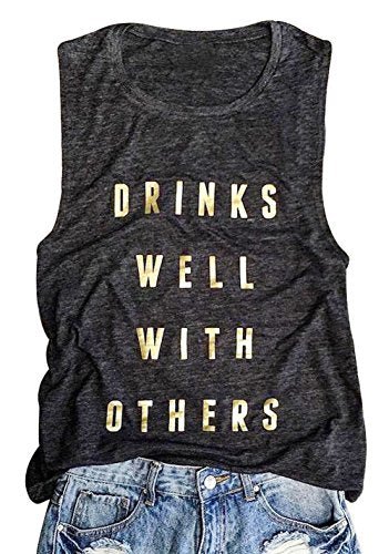 Women Drinks Well with Others Tank Top Summer Casual O Neck Sleeveless Shirt Top Size S (Black) - The Beer Connoisseur® Store