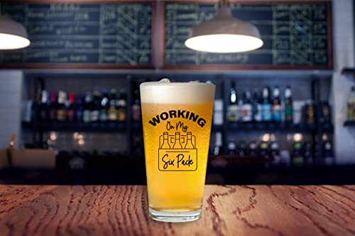 Working On My Six Pack - Funny Beer Glass Gifts for Men or Women, Dads and Moms, Fathers, Best Dad Ever, Birthday Gifts, Friendship Gifts for Friends, Boyfriend, Boss, Coworker - 16oz Beer Glass - The Beer Connoisseur® Store