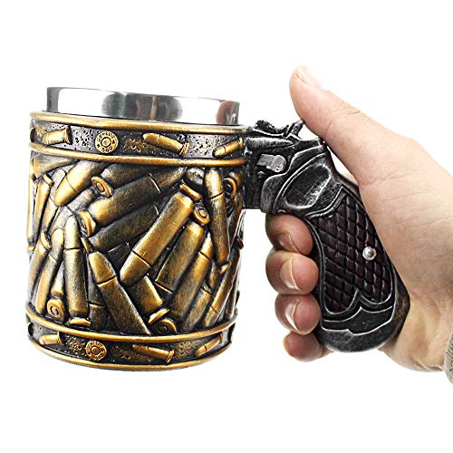 XuanAn Cool Revolver Pistol Handle Bullet Cup Beer Coffee Gun Shape Handle Mug with Ammo Bullet Round Shells Christmas Halloween Gifts, M (PJ893L) - The Beer Connoisseur® Store
